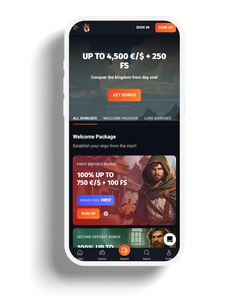 SlotLords app promotions page highlighting a welcome package with up to 4,500 €/$. Conquer the kingdom with SlotLords.