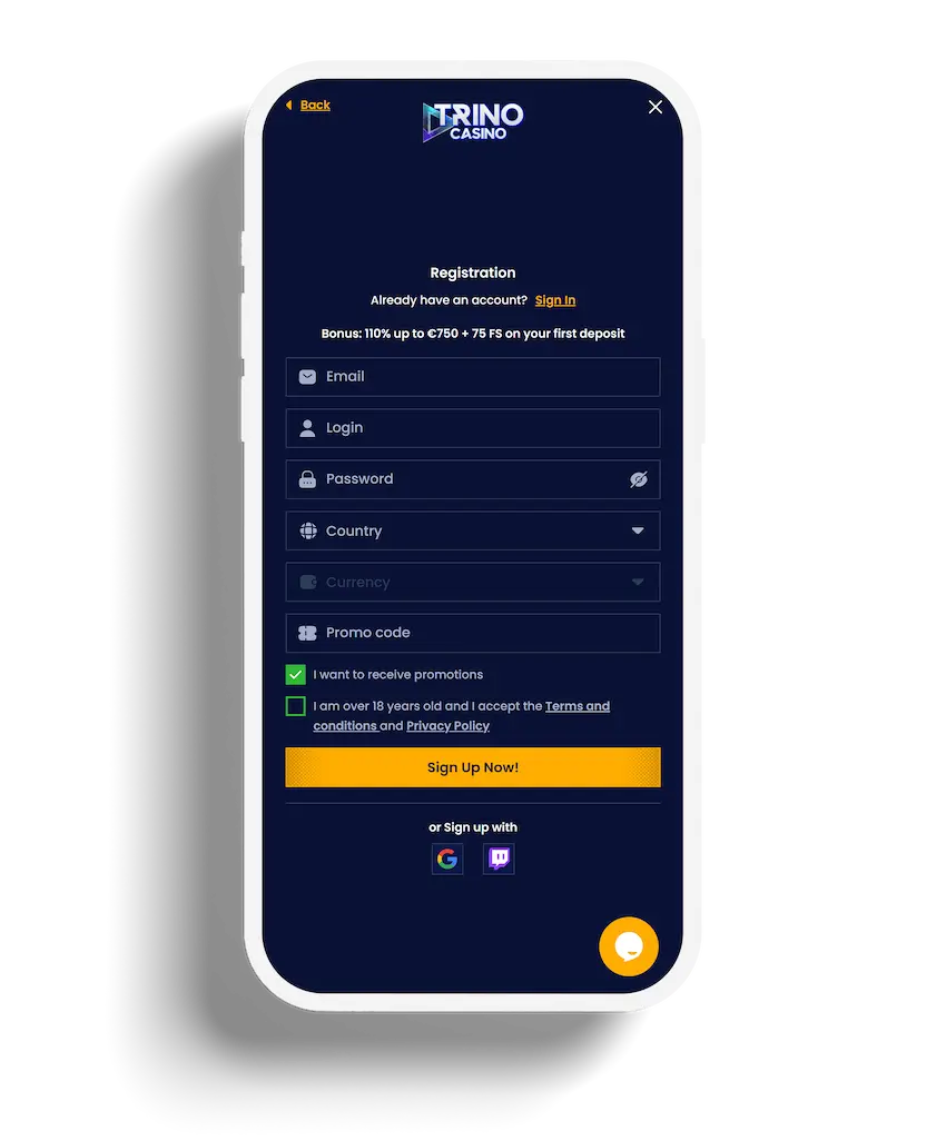 Trino Casino registration page offering a bonus of 110% up to €750 plus 75 free spins on the first deposit, asking for email, login, and password.