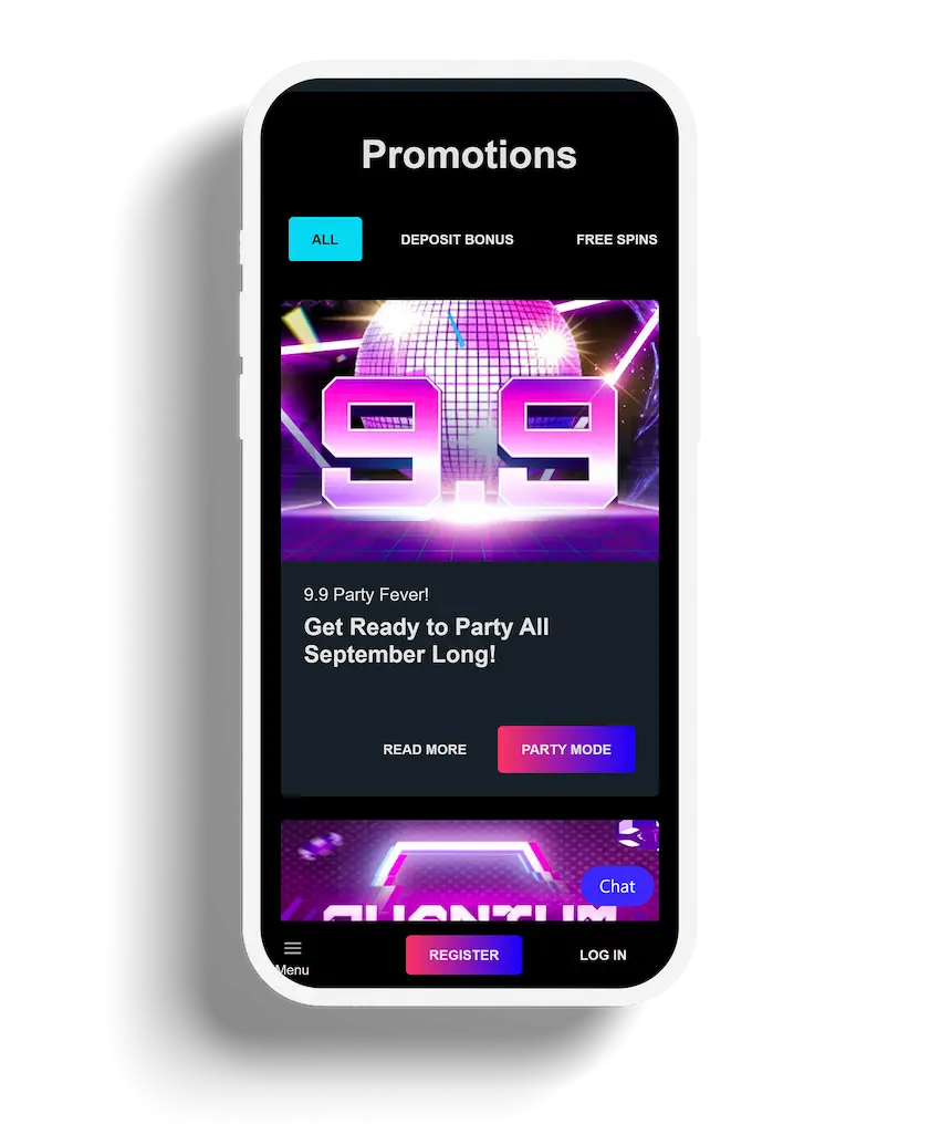 X7 Casino promotions page featuring a 9.9 Party Fever bonus and offers available throughout September.