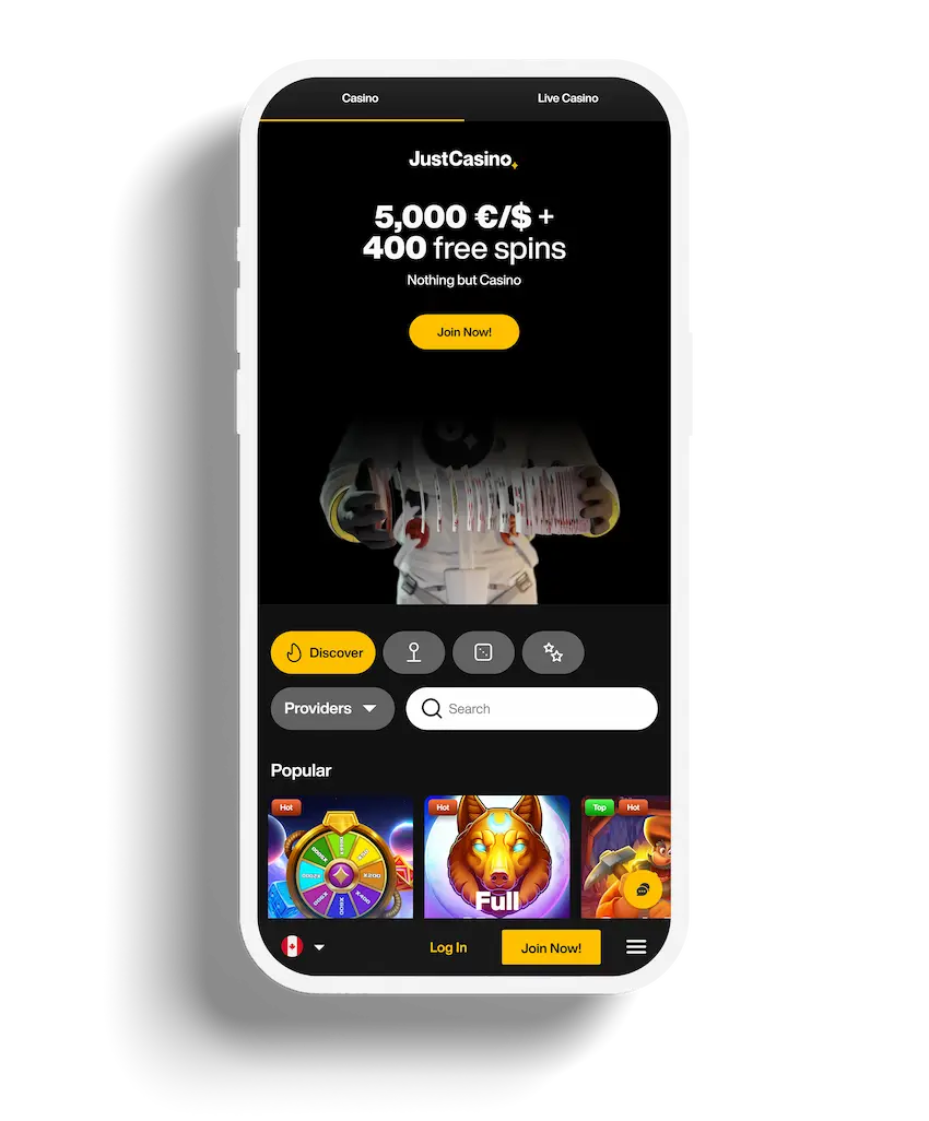 JustCasino homepage showcasing a welcome bonus up to 5,000 €/$ and 400 free spins along with a variety of popular games.