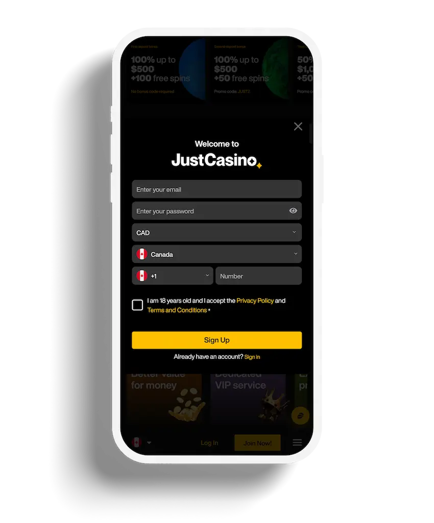 JustCasino.com registration form with fields for email, password, country, and phone number selection.