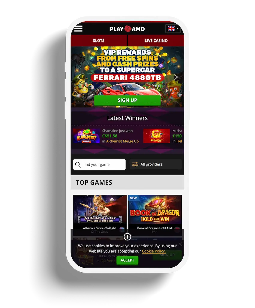 PlayAmo.com homepage showing VIP rewards, latest winners, and top games available to play.