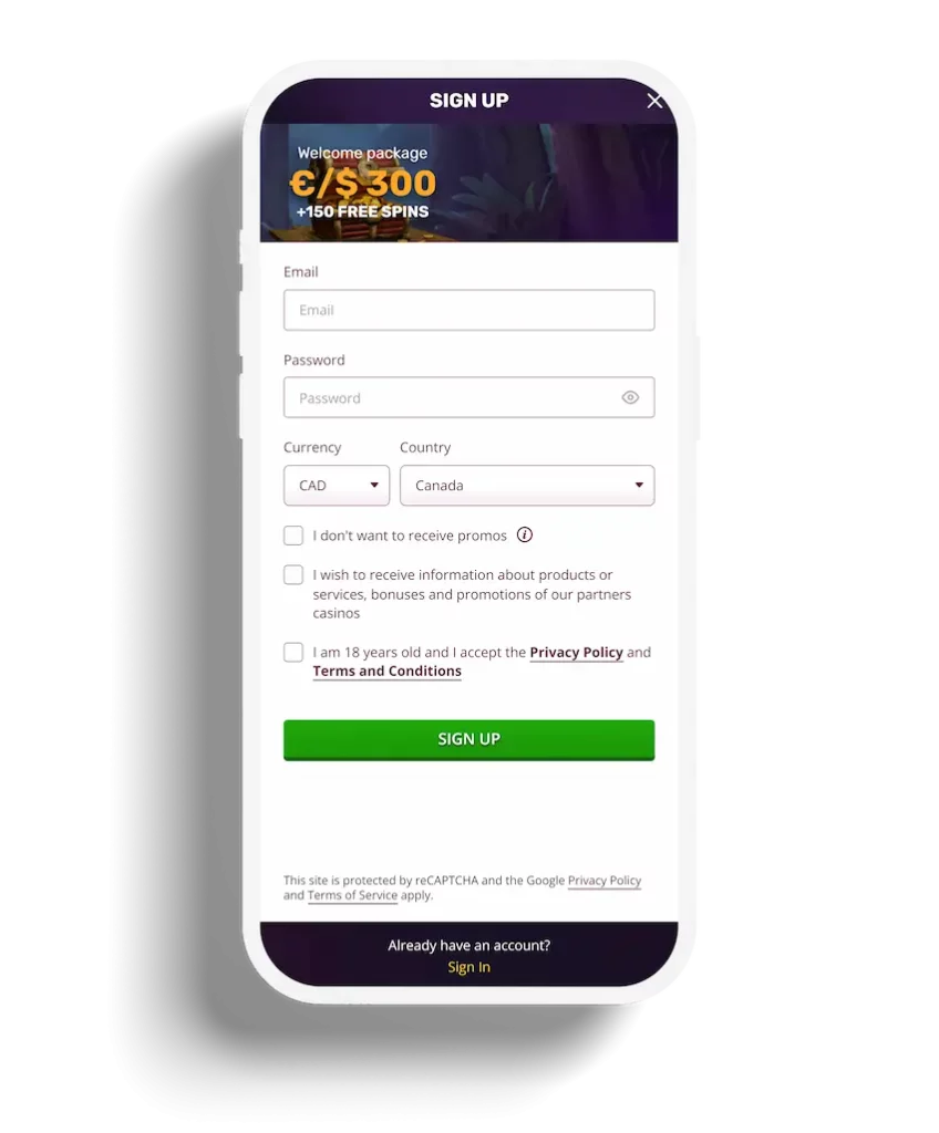 PlayAmo Online Casino registration form with fields for email, password, currency, and country selection.