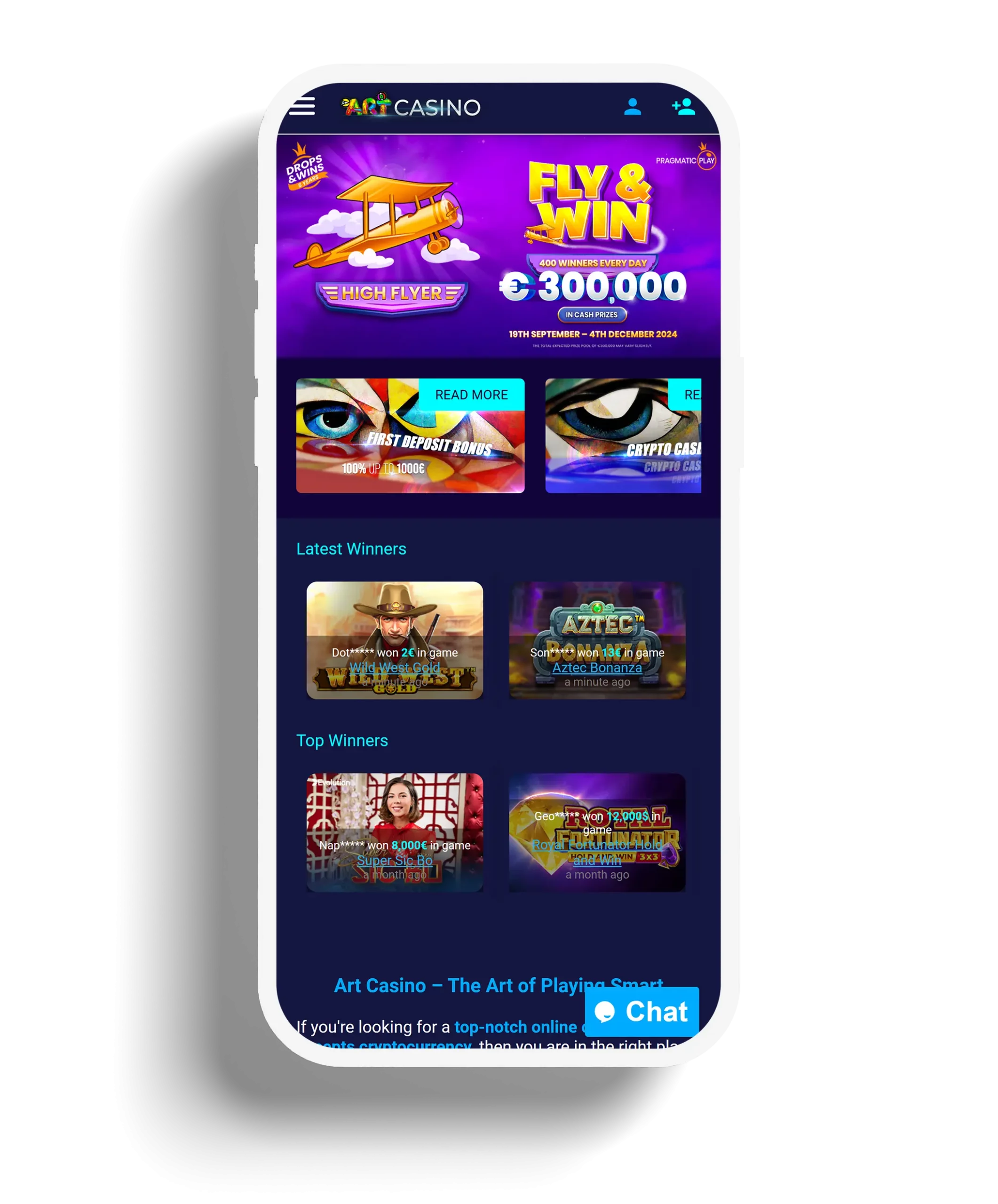 Artcasino homepage showing promotions and top winners.