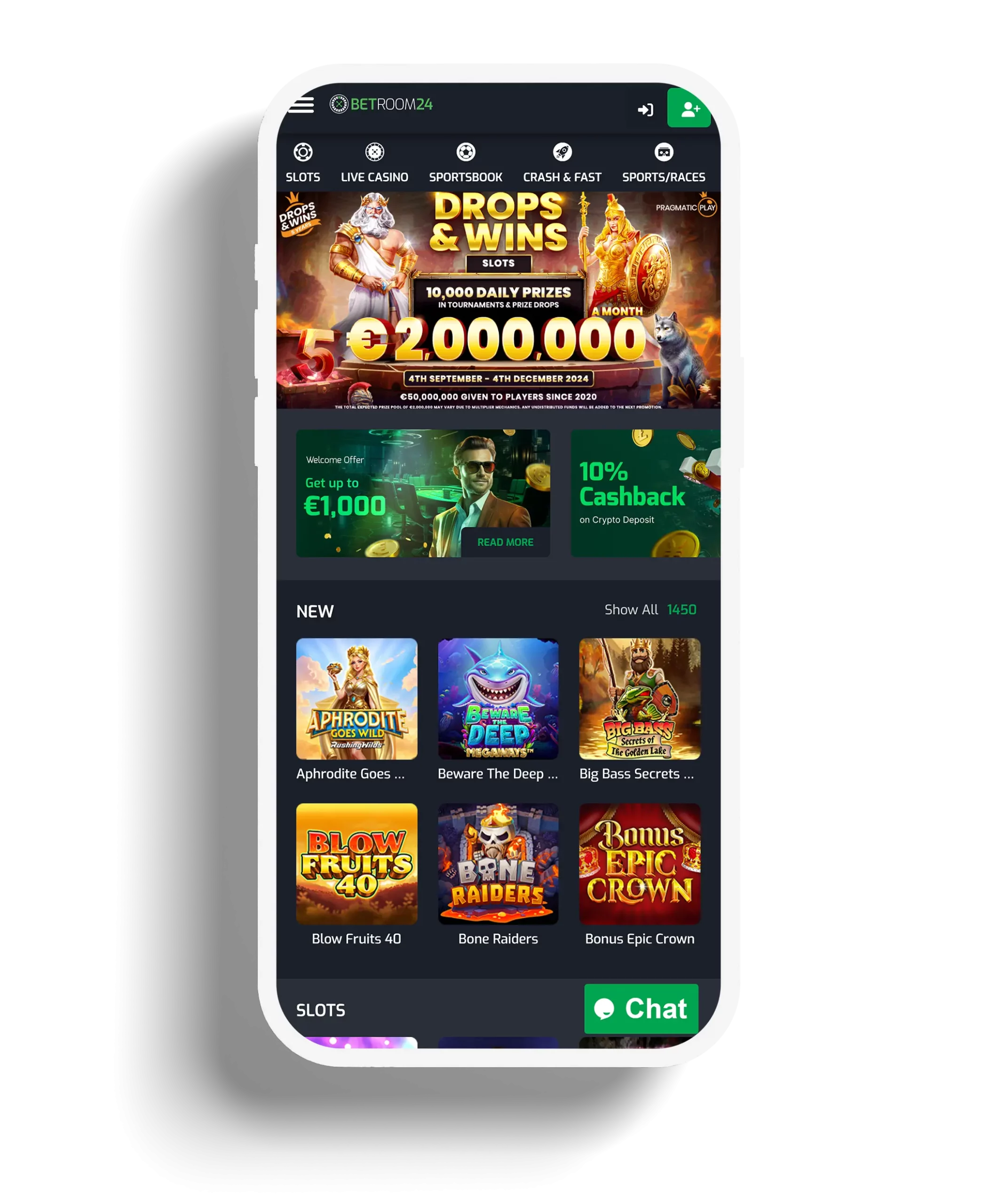 Betroom24 homepage showcasing games, promotions, and jackpot prizes.