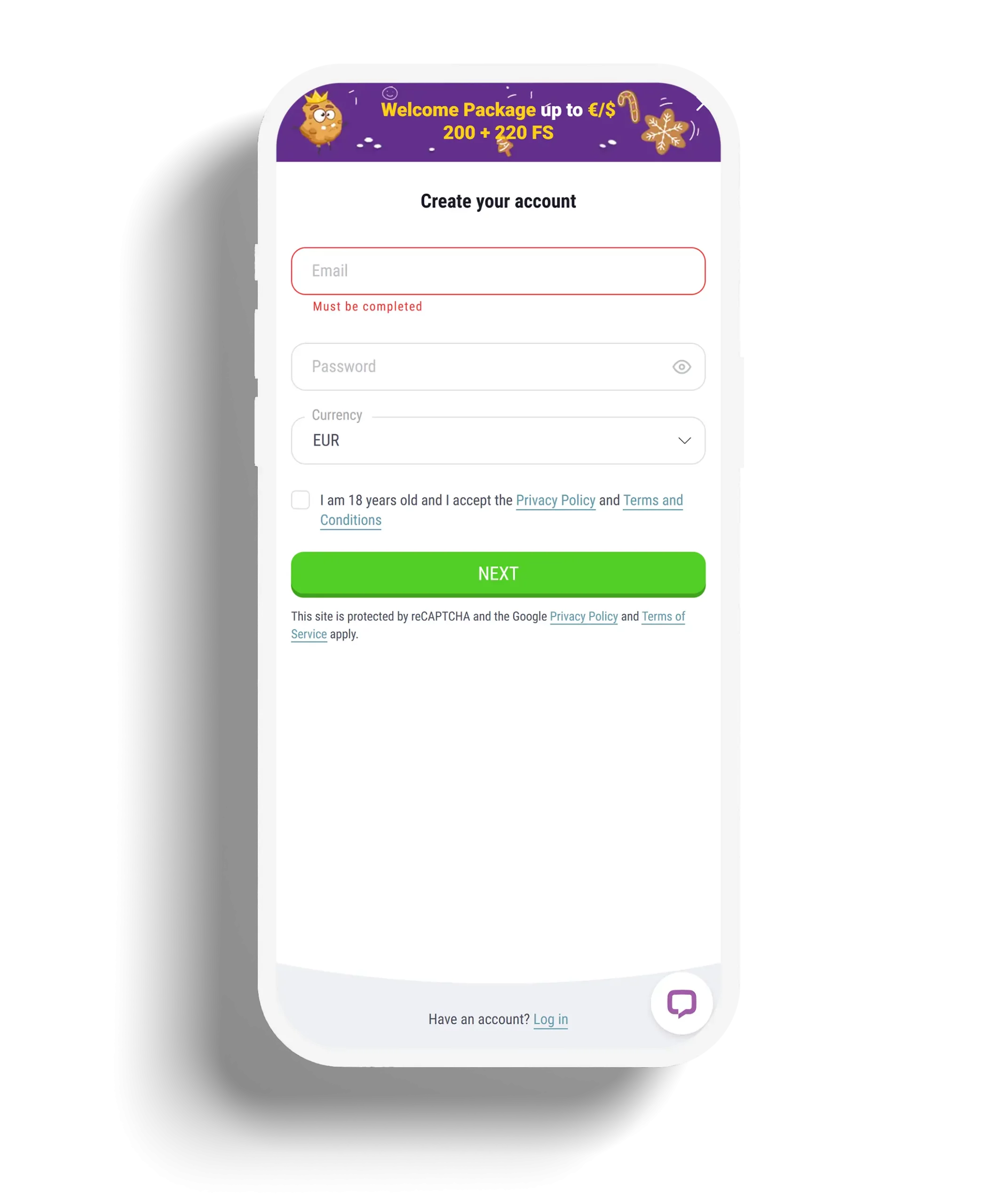 Cookie Casino registration page with fields for email, password, and currency.