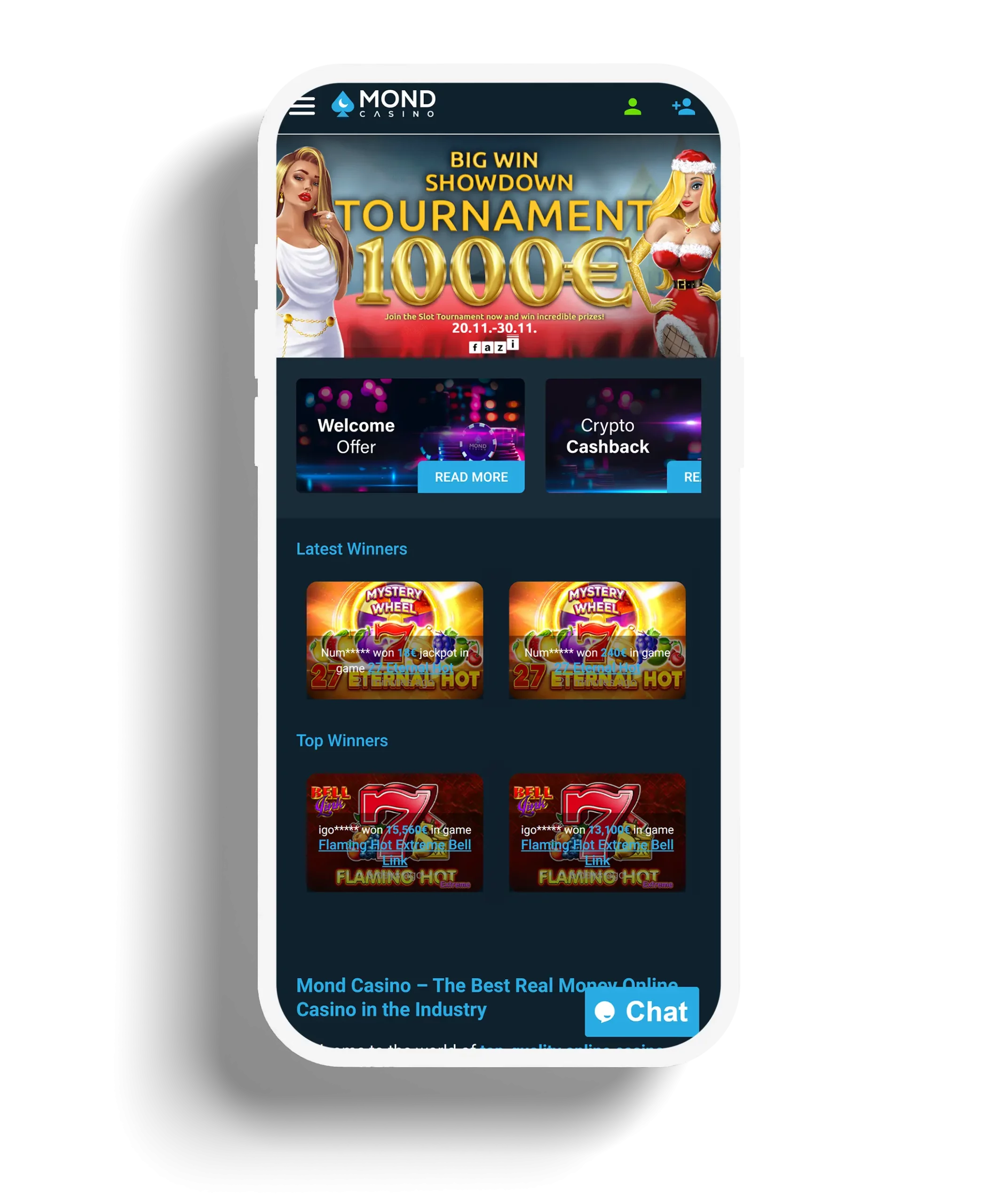 Mond Casino homepage featuring tournaments, promotions, and top winners.