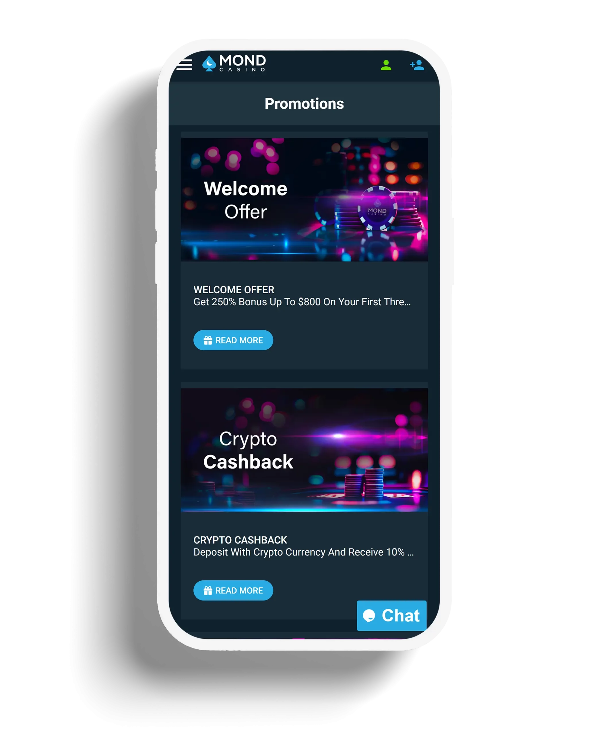 Mond Casino promotions page showcasing welcome offers and crypto cashback deals.