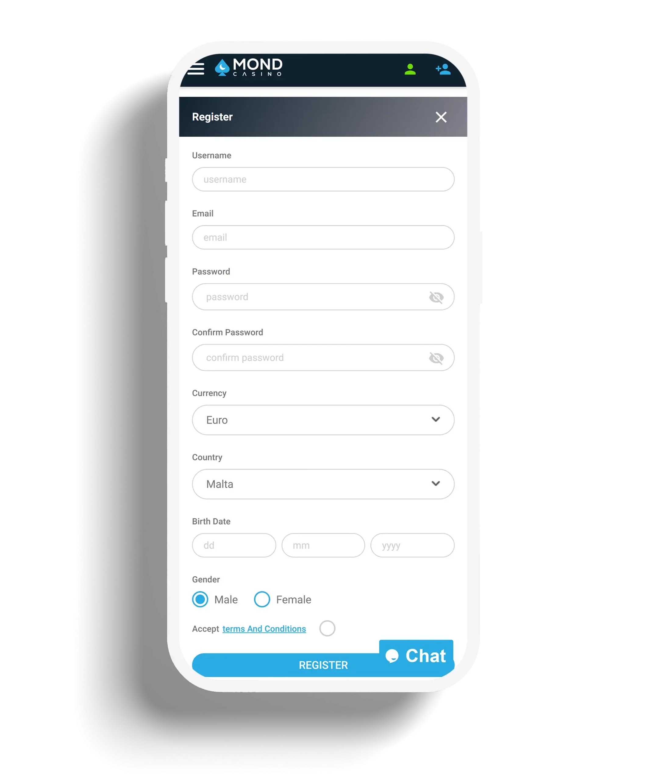 Mond Casino registration page with fields for account creation and user details.