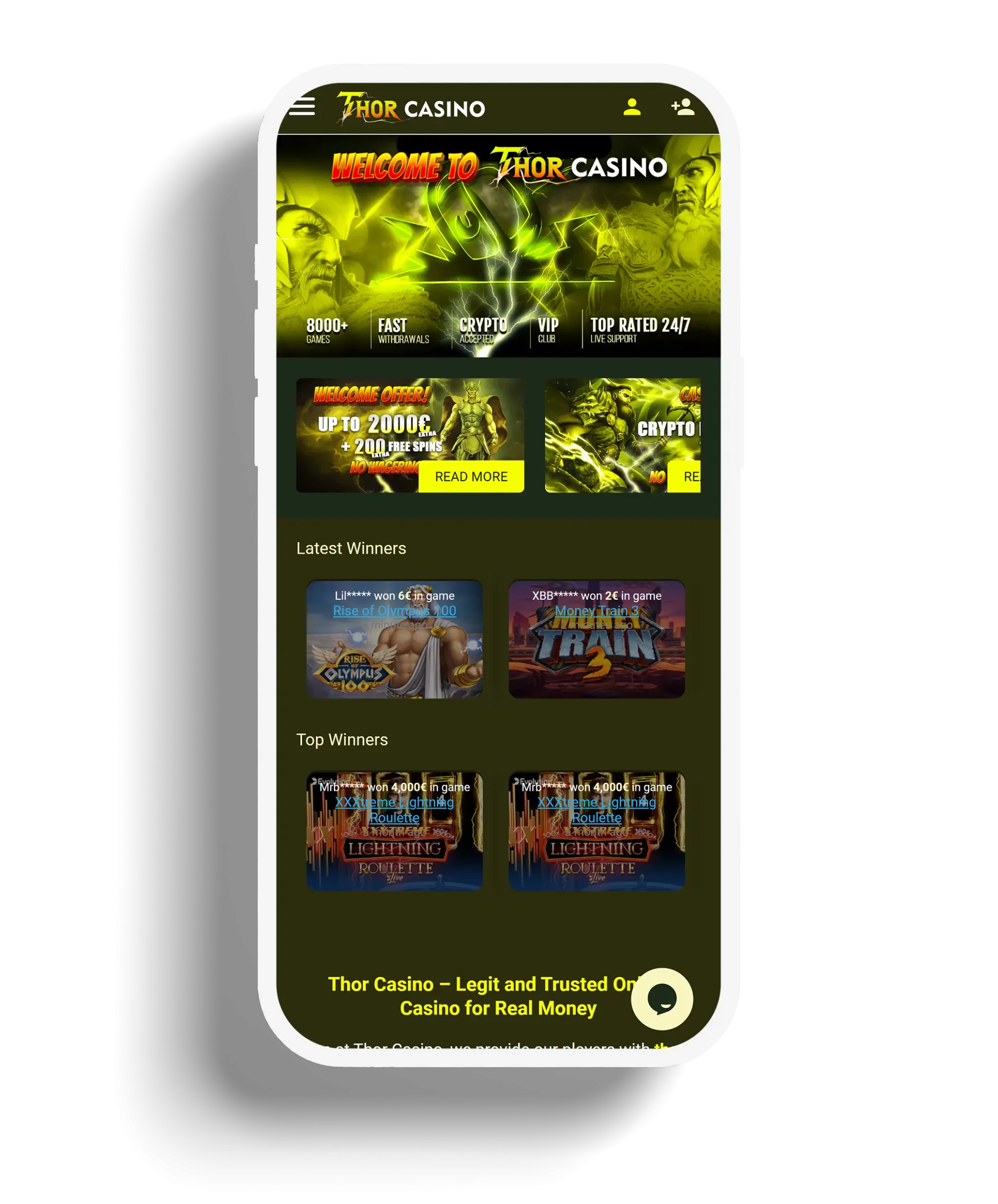 Thor Casino homepage showcasing promotions, top winners, and a wide game selection.