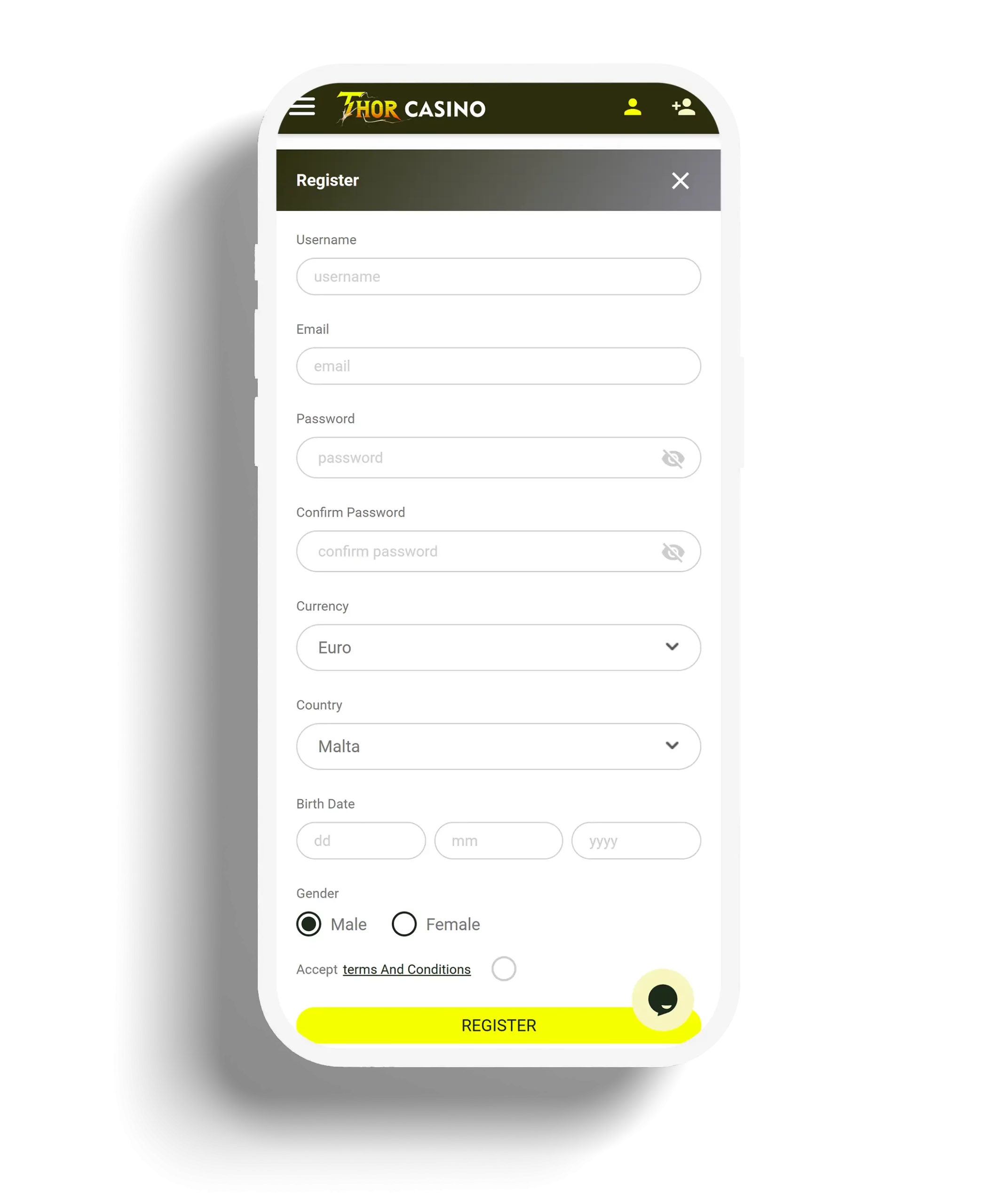Thor Casino registration page with fields for account creation and personal details.
