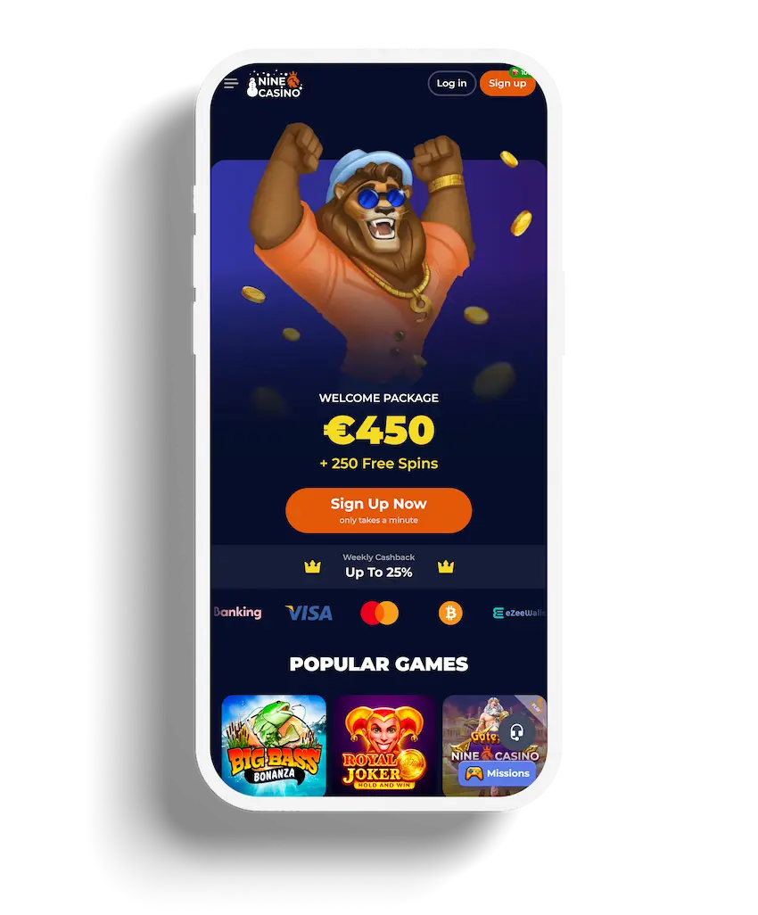 Nine Casino homepage showing a €450 welcome package and 250 free spins offer.